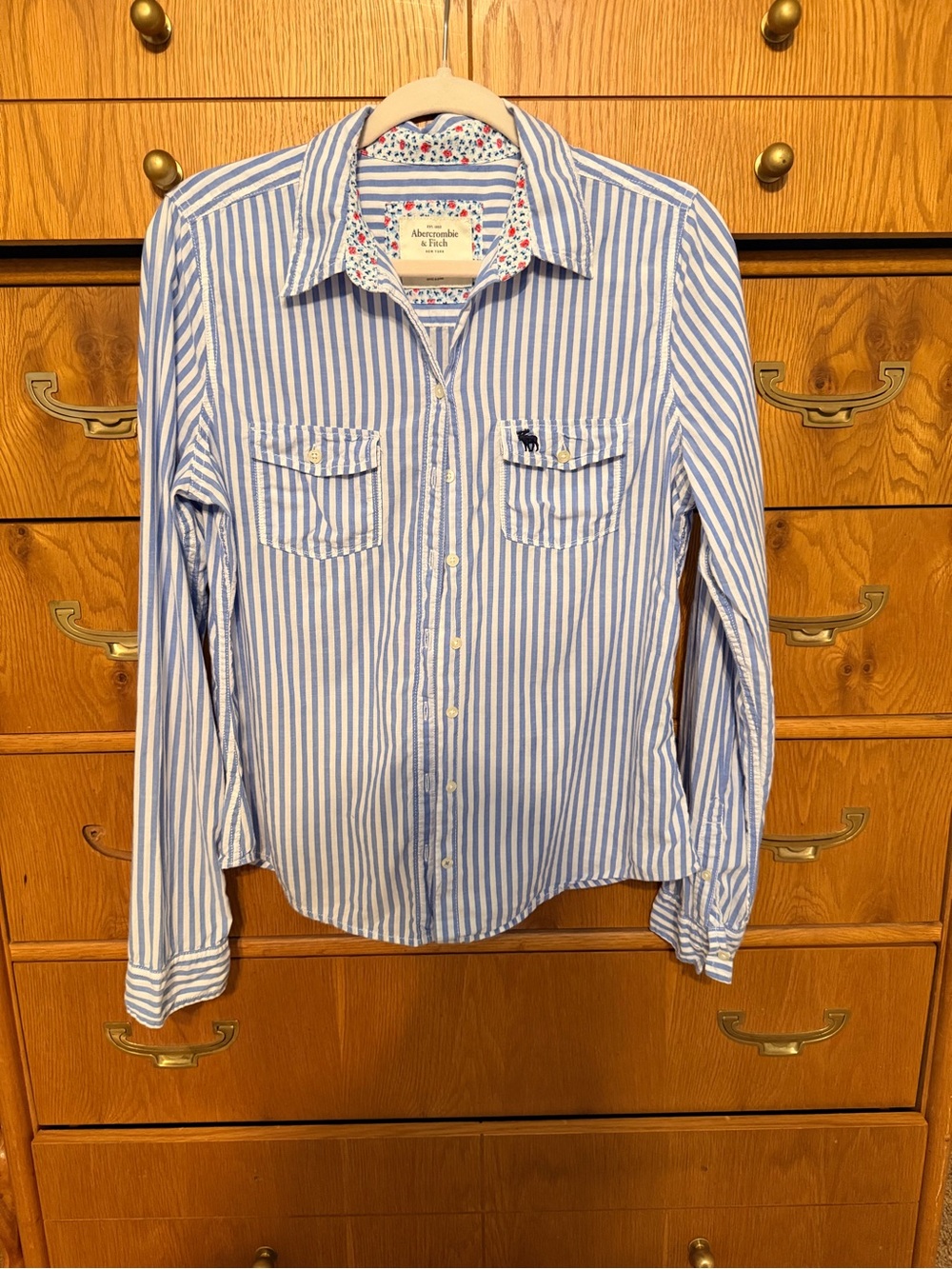 Abercrombie & Fitch Blue and White Striped Button-Down Shirt with Floral Trim